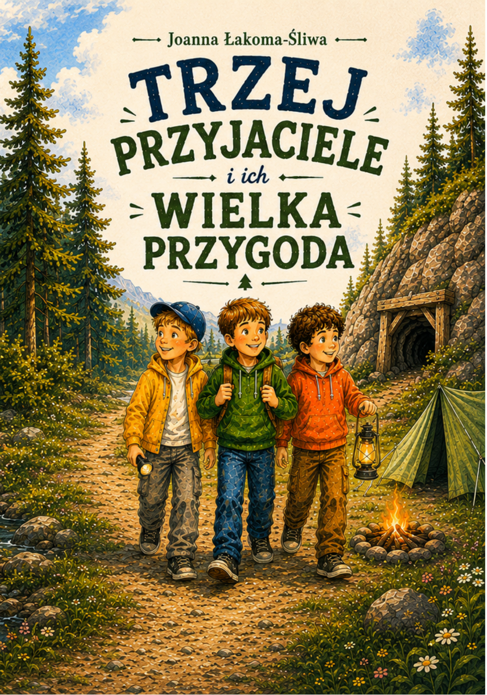 Okładka książki Trzej przyjaciele i ich wielka przygoda Joanny Łakomej-Śliwy: trzej chłopcy z lampą naftową na leśnej ścieżce, obok namiot i wejście do sztolni